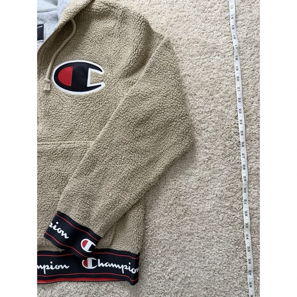 Champion Sherpa Fleece Hoodie Big C Logo 1/4 Zip Pullover Tan Beige Size Small